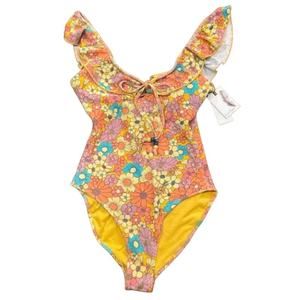 Jessica Simpson Floral Yellow Rendevous Ruffled-Neck Swimsuit Small NWT